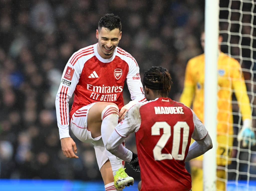 (L) Gabriel Martinelli celebrates scoring his 3rd and Arsenal's 4th goal with (R) Noni Madueke during the Emirates FA Cup vs Portsmouth.