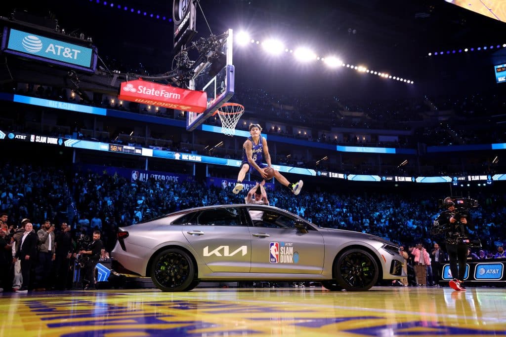  Mac McClung #8 of the Orlando Magic dunks the ball during the 2025 NBA Slam Dunk Contest as part of the State Farm All-Star Saturday Night at Chase Center on February 15, 2025 in San Francisco, California.