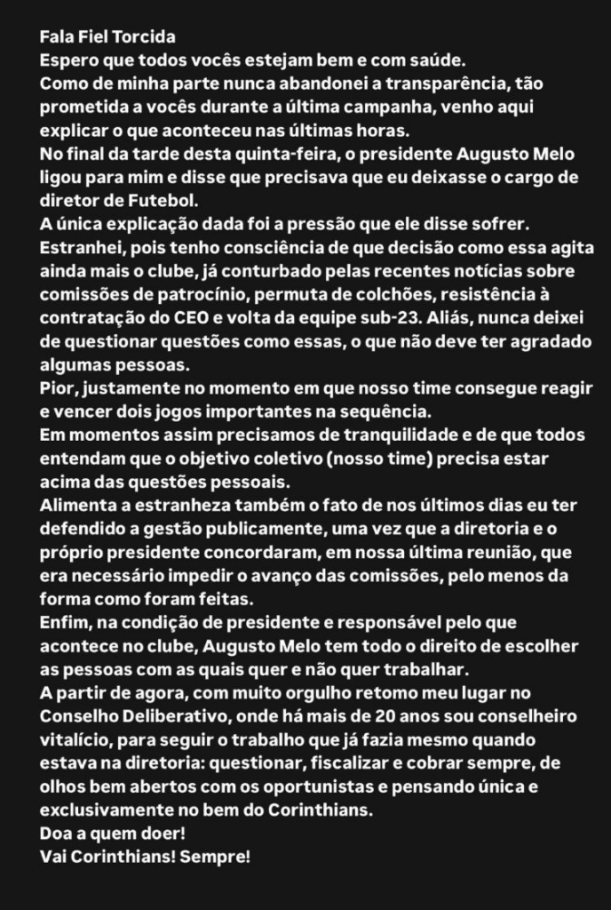 Rubão se pronunciou após sua demissão