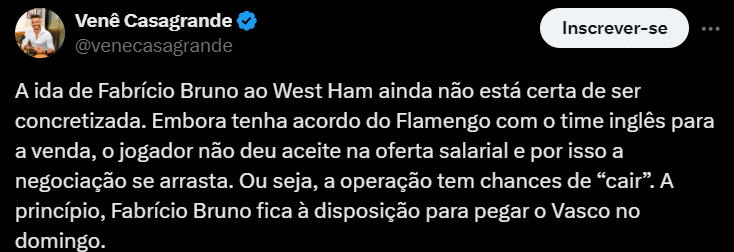 Após acerto verbal, Fabrício Bruno poderá não fechar com o West Ham