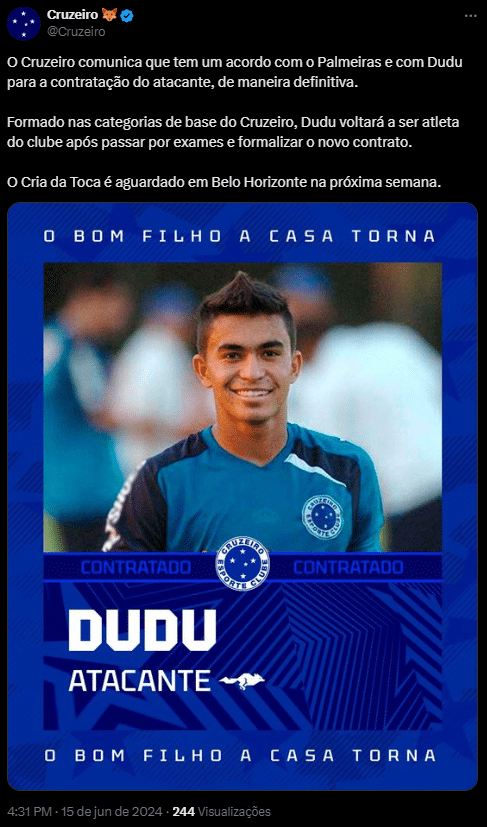 Cruzeiro anuncia contratação de Dudu, do Palmeiras