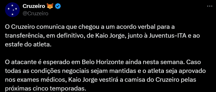 Cruzeiro anuncia acerto com Kaio Jorge