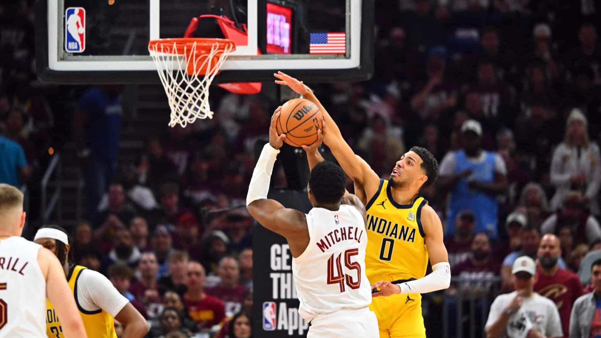 Haliburton e Donovan Mitchell em Cleveland Cavaliers x Indiana Pacers