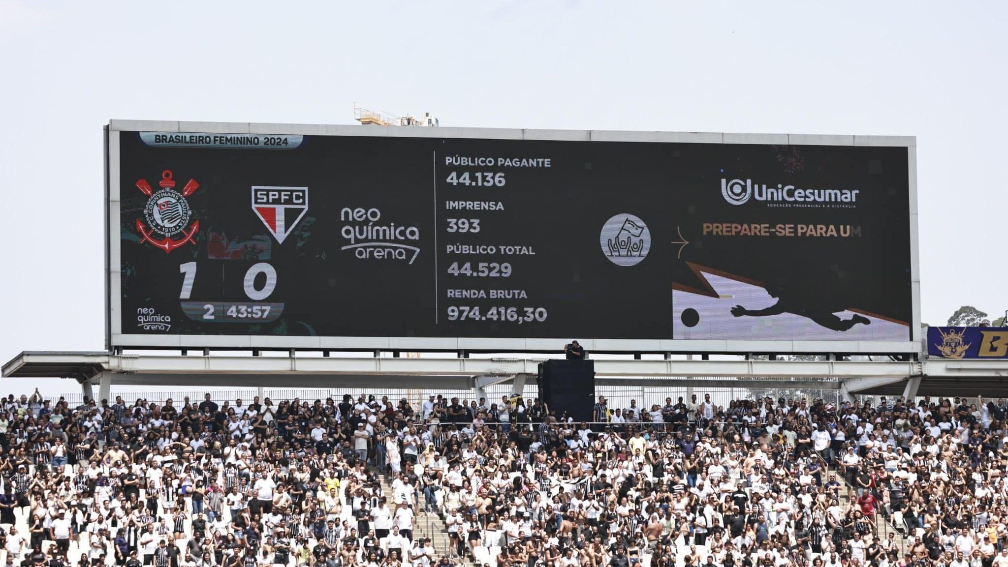 Placar eletrônico mostra o público da final do Brasileirão Feminino de 2024