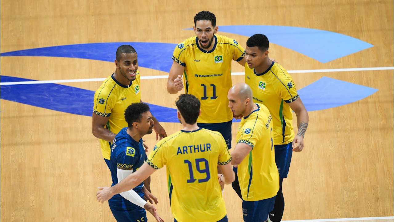 Brasil durante a vitória contra a China pelo Mundial de Vôlei 2025