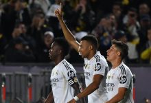 Mbappé comemorando um dos seus três gols na vitória do Real Madrid sobre o Kairat Almaty