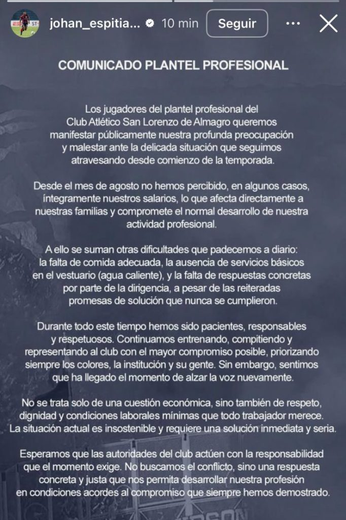 Comunicado dos jogadores do San Lorenzo - Reprodução