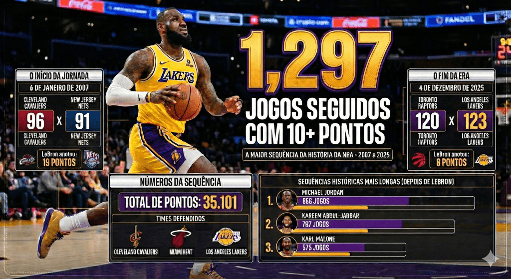 Infográfico detalhando a sequência de 1.297 jogos consecutivos de LeBron James anotando 10 ou mais pontos, iniciada em 2007 e encerrada em 2025 contra o Toronto Raptors